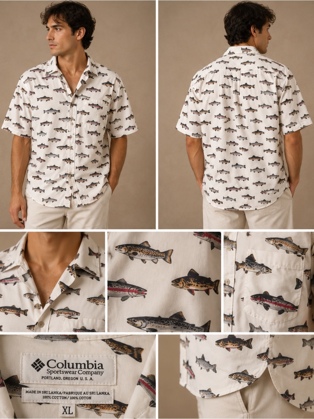 Columbia Vintage MENS Fish Print Short Sleeve Cotton Shirt White Size XL